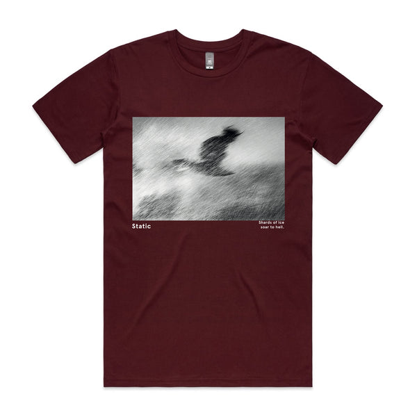 'Static. By respondek' - Burgundy T-shirt with photographic print (Featuring Satan) - Australia and USA shipping only.
